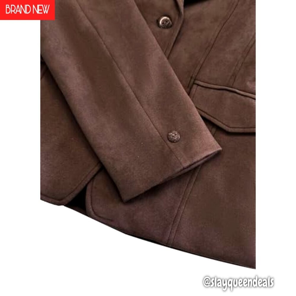 Vintage Faux Suede Blazer Slim Fit Lapel Jacket with Pockets Work Casual - Picture 6 of 7